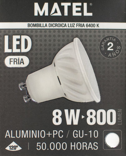Bombilla dicroica led 8W luz blanca (6400K), GU-10. Matel