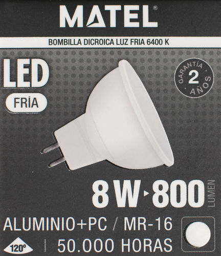 Bombilla dicroica led 8W luz blanca (6400K), MR-16. Matel